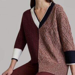 NWT $448 Veronica Beard Gava Color-Blocked Sweater in Burgundy Multi XL Wool